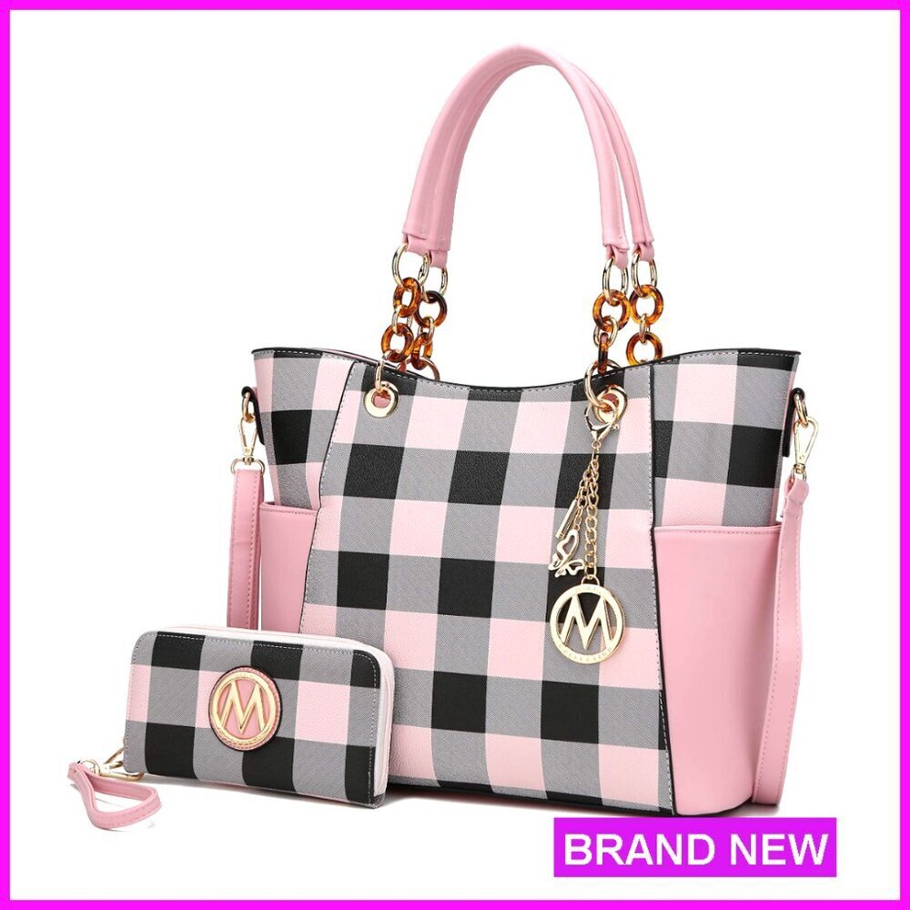 Vegan Leather Tote & Wristlet Set, Spacious Compartments, Gold Accents
